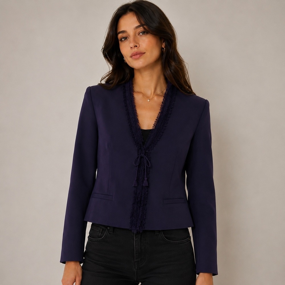 Shrunken Dark Purple Silk Fringe Trim Blazer Jacket L 14 Nipon Boutique Academia
